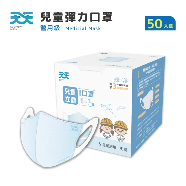 【天天】兒童3D立體彈力醫用口罩 藍色(50入/盒)
