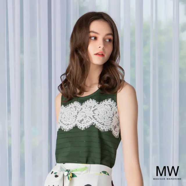 【MAGIQUE WARDROBE】圓領拚接蕾絲無袖背心上衣(深綠)
