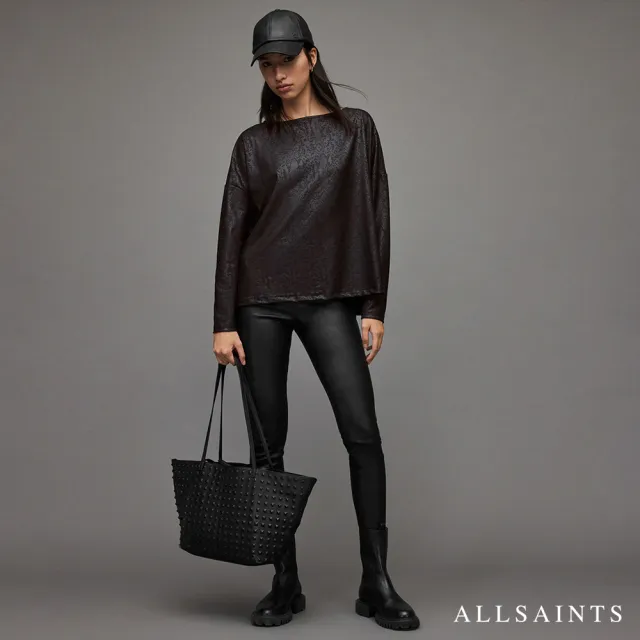 【ALLSAINTS】RITA 蛇紋印花一字領混紡長袖T恤-黑 WM194X(舒適版型)