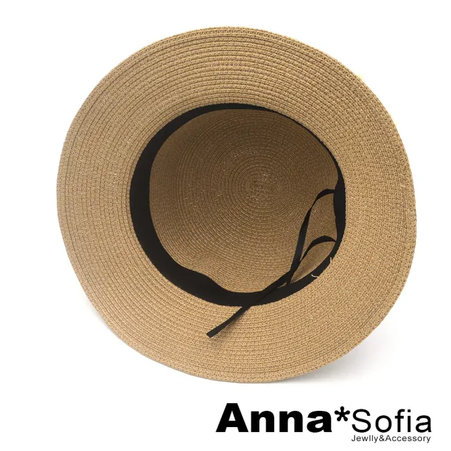 【AnnaSofia】遮陽帽防曬帽淑女帽網美渡假草帽海灘帽漁夫帽盆帽-小香風滾珠長帶 現貨(駝系)