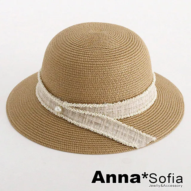 【AnnaSofia】遮陽帽防曬帽淑女帽網美渡假草帽海灘帽漁夫帽盆帽-小香風滾珠長帶 現貨(駝系)