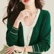 【MsMore】綠色針織開衫v領拼接減齡寬鬆顯瘦長袖毛衣薄外套#115621(綠色)