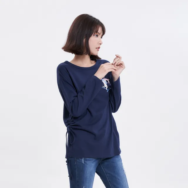 【5th STREET】雙11 女裝 貓咪印花綁帶長袖T恤(丈青)