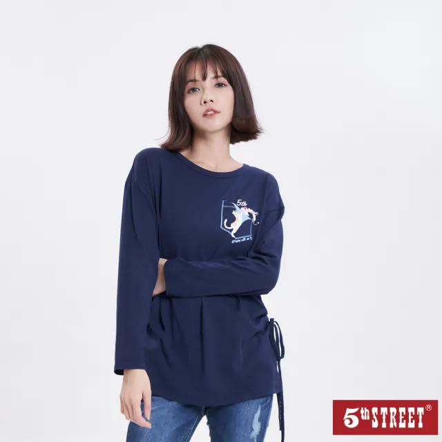 【5th STREET】雙11 女裝 貓咪印花綁帶長袖T恤(丈青)