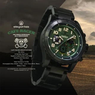【elegantsis 愛樂時】Cafe Racer 新咖啡騎士三眼計時手錶-黑x綠 禮物 送禮 推薦(ELJR23QS-TONUP-VG02MA)