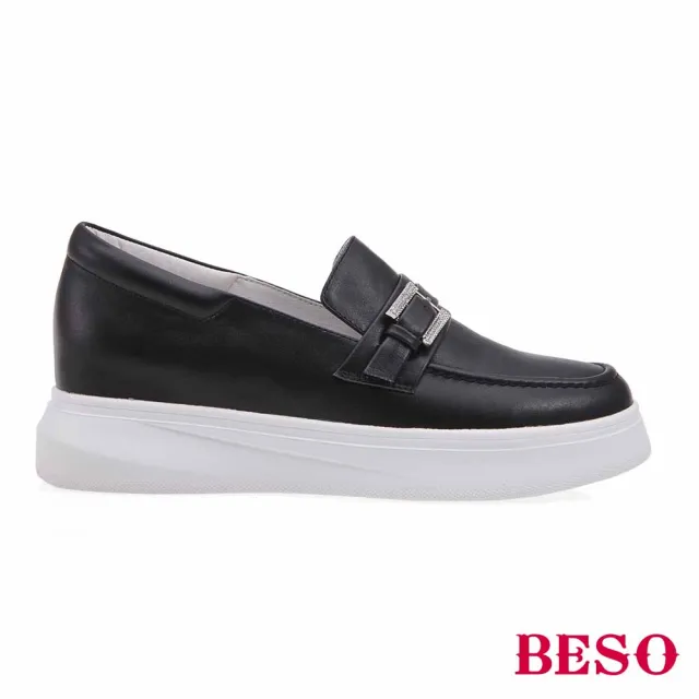 【A.S.O 阿瘦集團】BESO 柔軟羊皮條帶水鑽飾釦內增高休閒鞋(黑色)