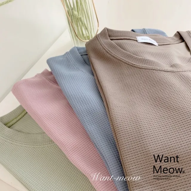 【Want-Meow】85公斤可穿/台灣製/寬鬆圓領華夫格鬆餅格素T(素T短袖上衣/短T/T恤/大碼/大尺碼/加大碼)