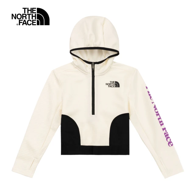 【The North Face 官方旗艦】北面兒童米白色吸濕排汗防潑水連帽長袖上衣｜81ZCR8R