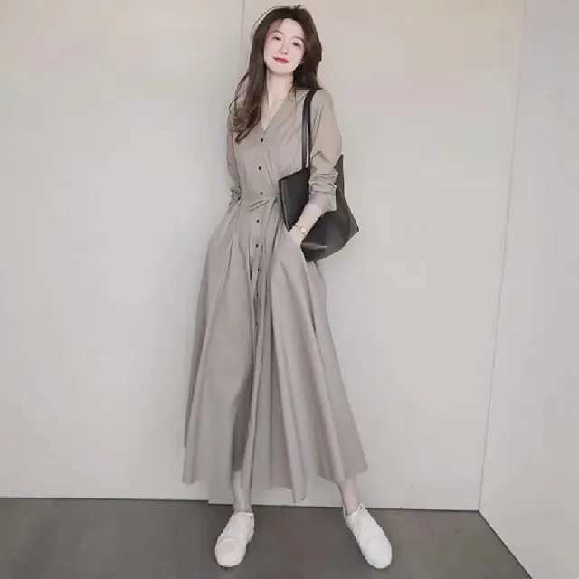 【巴黎精品】現貨+預購 連身裙長袖洋裝(仙女氣質腰帶排扣女裙子色a1ar2)