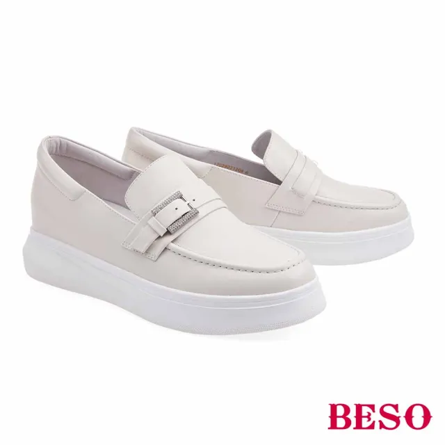 【A.S.O 阿瘦集團】BESO 柔軟羊皮條帶水鑽飾釦內增高休閒鞋(米色)