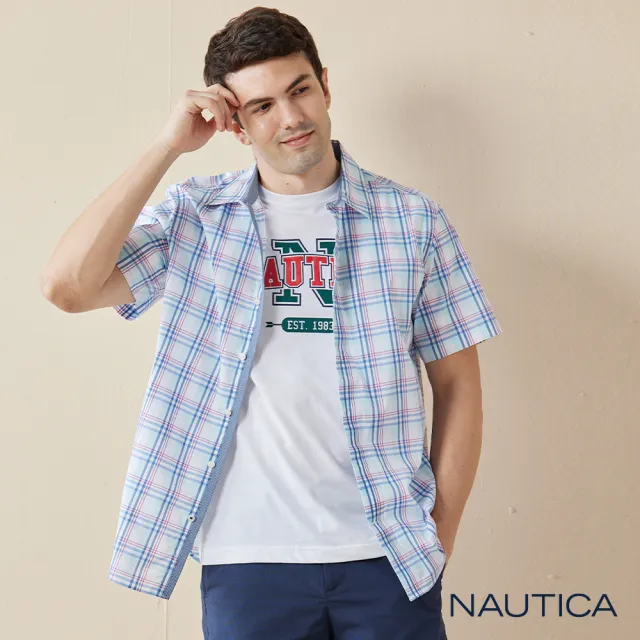 【NAUTICA】男裝 清新感格紋透氣短袖襯衫(白色)