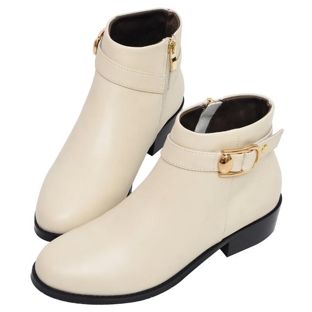 【Ann’S】經典金屬扣帶頂級牛皮真皮短靴4cm(米白)