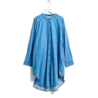 【SOMETHING】女裝 削肩立領長版水洗丹寧長袖襯衫(拔洗藍)