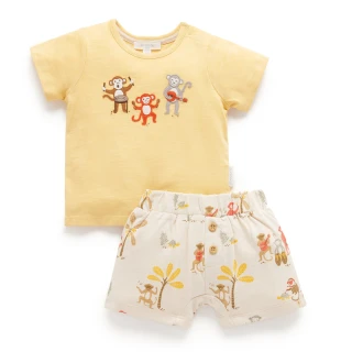 【Purebaby】澳洲有機棉 嬰幼兒短袖上衣套裝(男童  居家服 T恤 短褲 黃色)