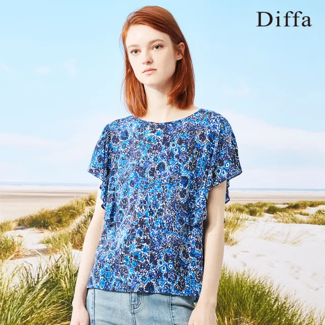 【Diffa】復古藍白花荷葉袖上衣-女