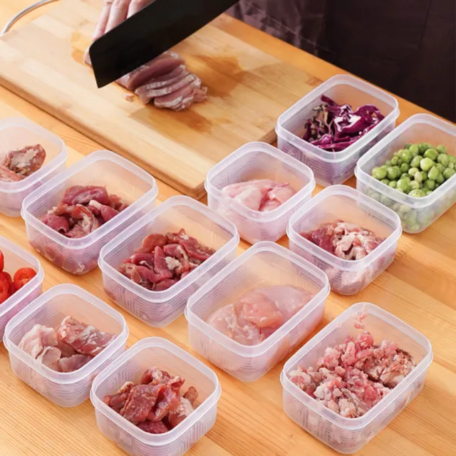 【Dagebeno荷生活】食品級PP材質透明條紋款肉類食品保鮮盒 冰箱配料分裝收納盒(長方形4入)