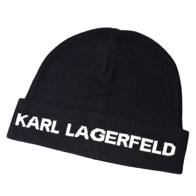 【KARL LAGERFELD 卡爾】簡約LOGO反折毛帽-黑色
