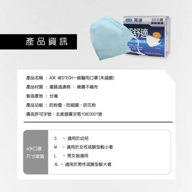 【AOK 飛速】3D立體醫用口罩-XL 淡藍色 50入/ 盒(調節扣可調整耳帶鬆緊)