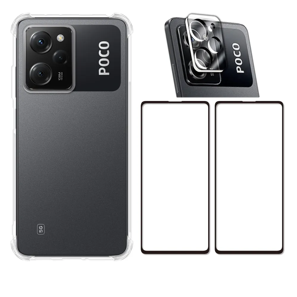 【RedMoon】POCO X5 Pro 5G 手機殼貼4件組 鏡頭增高四角防摔殼-9H保貼2入+3D全包鏡頭貼