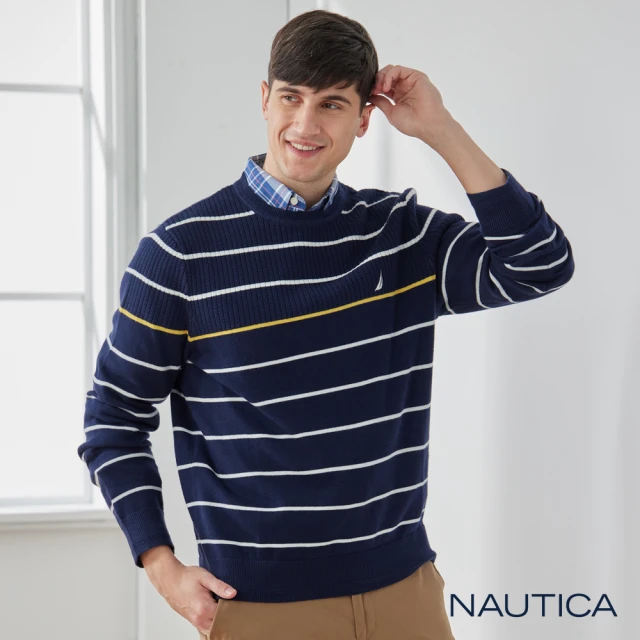 【NAUTICA】男裝  拼接織法條紋長袖針織衫(深藍色)