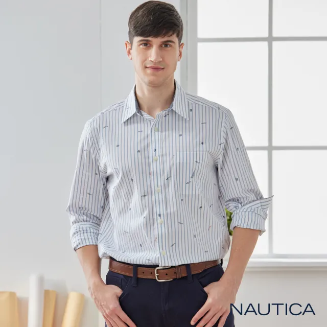 【NAUTICA】男裝 海洋條紋長袖襯衫(白色)