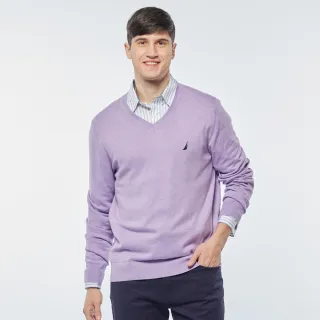 【NAUTICA】男裝 經典原色V領長袖針織衫(紫色)