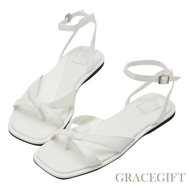 【Grace Gift】交叉套趾方頭平底涼鞋(米白)