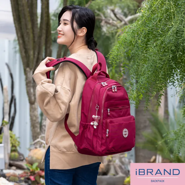 【iBrand】經典百搭輕盈多口袋後背包(酒紅色)