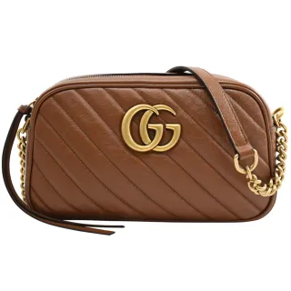 【GUCCI 古馳】GG Marmont 24cm 經典山字絎縫紋相機包鍊包斜背包(棕)