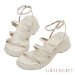【Grace Gift】簡約細帶繞踝厚底涼鞋(米白)