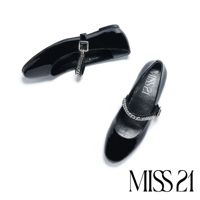 【MISS 21】壞壞漆皮金屬銀鍊圓頭瑪莉珍低跟鞋(黑)