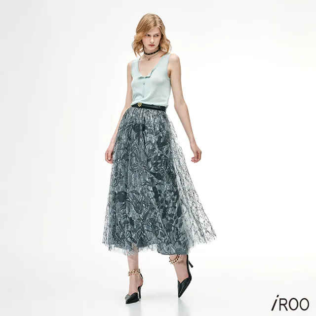 【iROO】個性黑白叢林風印花鬆緊透紗裙