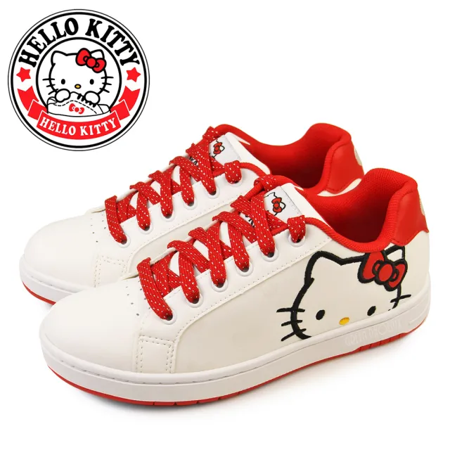 【HELLO KITTY】凱蒂貓刺繡百搭綁帶厚底休閒鞋/小白鞋/板鞋(白紅、黑色)