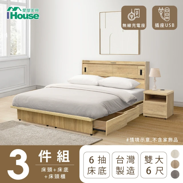 【IHouse】品田 房間3件組 雙大6尺(床頭箱+收納抽屜底+床頭櫃)