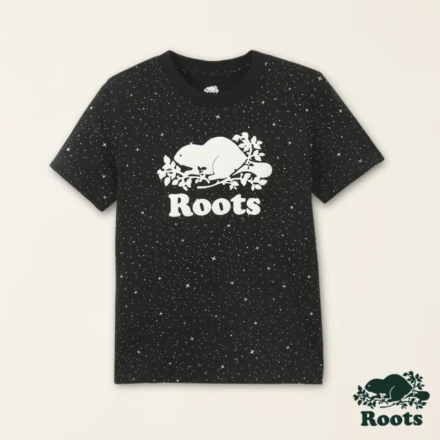 【Roots】Roots大童-星際遨遊系列 滿版星辰海狸LOGO有機棉短袖T恤(黑色)