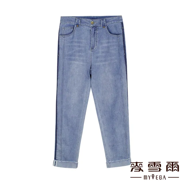 【MYVEGA 麥雪爾】涼感棉質幸運草造型修身牛仔褲-藍