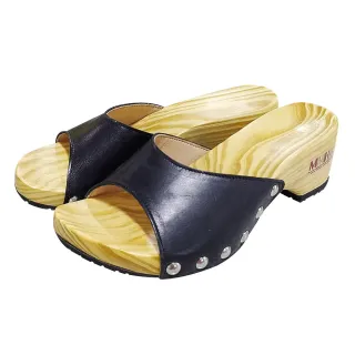 【MMHH】防滑橡膠大底 健康真皮手工木製涼鞋 - 黑色(維持良好走路姿勢 挺拔您背部脊椎 越穿越健康)