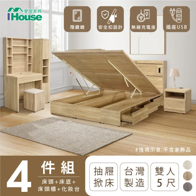 【IHouse】品田 房間4件組 雙人5尺(床頭箱、收納抽屜+掀床底、床頭櫃、鏡台含椅)