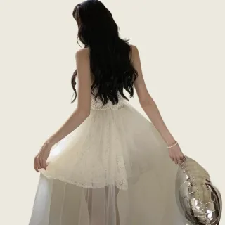 【AS 梨卡】網紗蕾絲露肩洋裝 平口洋裝 晚禮服 宴會短洋裝 連身裙 C6537
