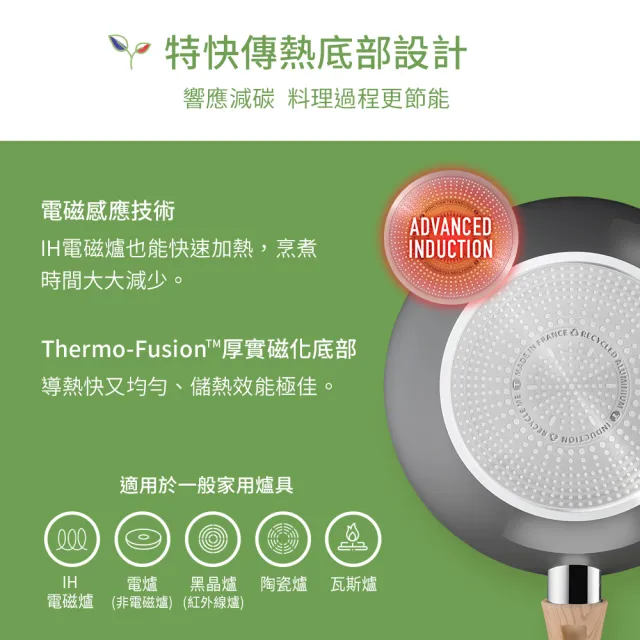 【Tefal 特福】法國製綠生活陶瓷不沾系列28CM不沾鍋炒鍋+玻璃蓋(適用電磁爐)