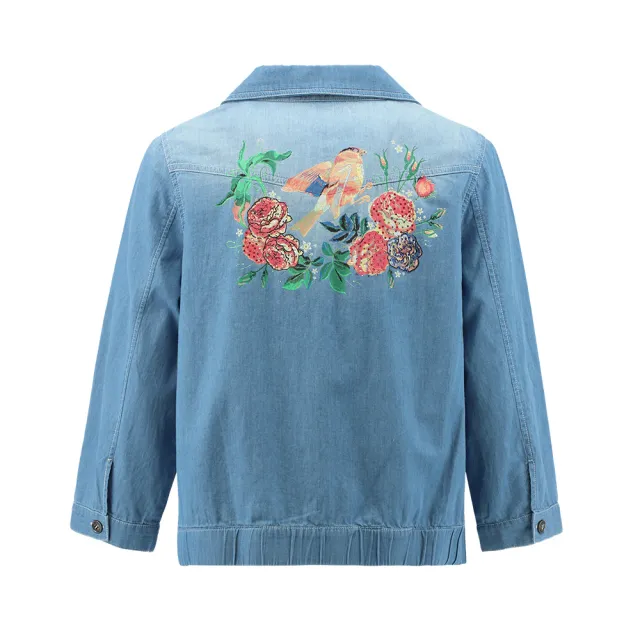 【ILEY 伊蕾】率性魅力鳥語花香圖樣造型牛仔外套(藍色；M-XL；1231168406)