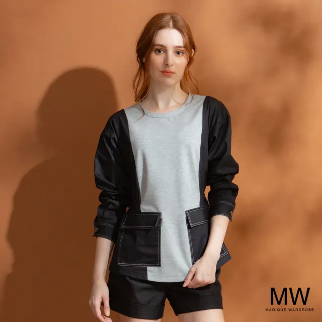 【MAGIQUE WARDROBE】仿牛仔拚接鬆緊雙口袋長袖上衣(2色)