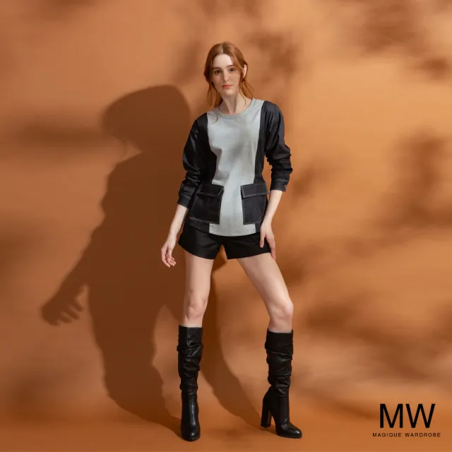 【MAGIQUE WARDROBE】仿牛仔拚接鬆緊雙口袋長袖上衣(2色)