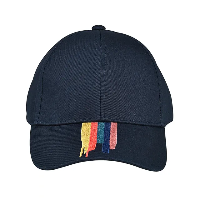 【Paul Smith】PAUL SMITH白標黑字LOGO棉質彩色刺繡條紋棒球帽(海軍藍x多色)