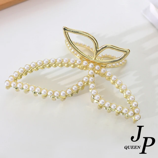 【Jpqueen】輕奢珍珠金繽蝴蝶結盤髮彈性鯊魚髮夾(金色)