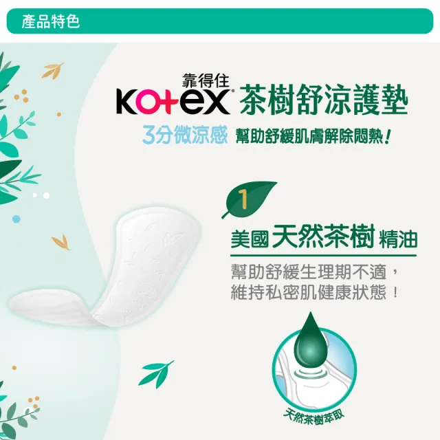 【Kotex 靠得住】茶樹舒涼護墊 日用14.5cm/日用加長17.5cm/經前經後17.5cm 24包 箱購(涼感護墊 涼感棉)