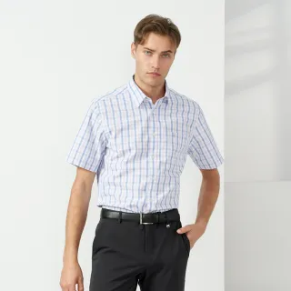 【pierre cardin 皮爾卡登】休閒服飾 男款 混棉格紋休閒短袖襯衫-藍色(5237164-35)
