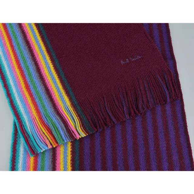 【Paul Smith】PAUL SMITH刺繡紫字LOGO羊毛彩色飾邊條紋圍巾(紫紅x彩條紋)