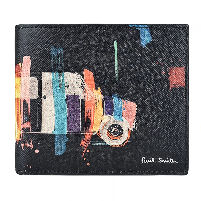 【Paul Smith】PAUL SMITH 燙印LOGO藝術家汽車條文塗鴉防刮牛皮8卡對折短夾(黑x多色)