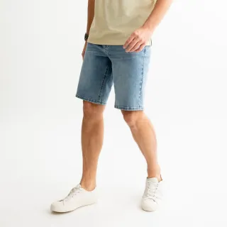 【Arnold Palmer 雨傘】男裝-後貼袋品牌草寫刺繡牛仔短褲(淺藍色)